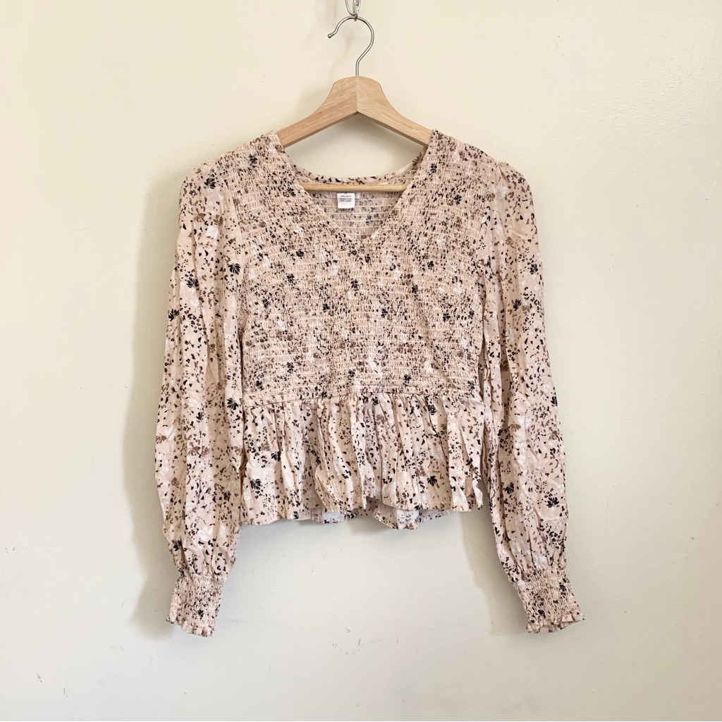 Japna Pink Cream Peach Smock V-Neck Long Sleeves Blouse Small